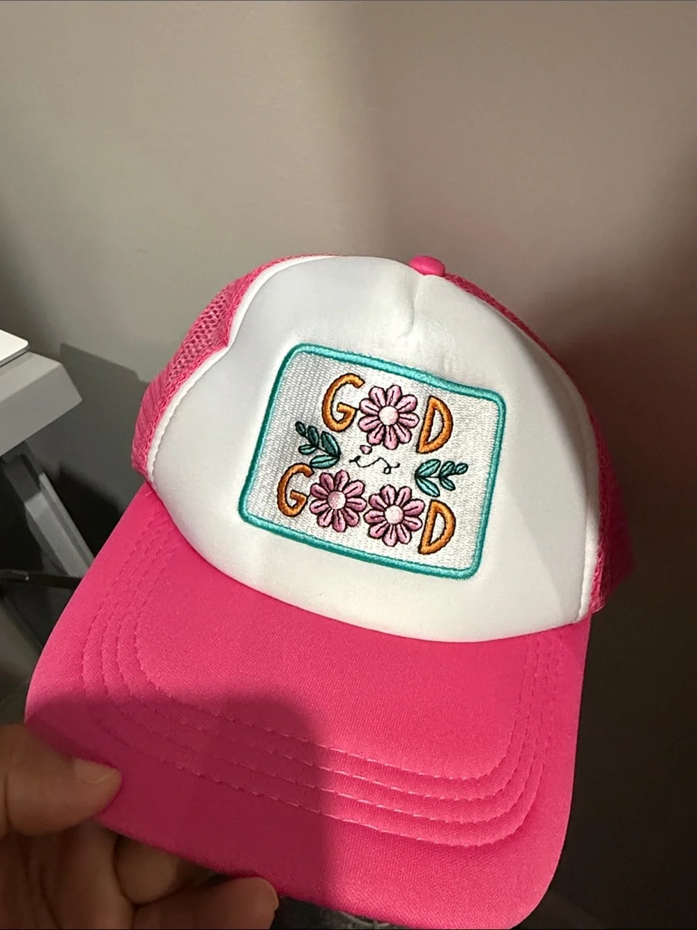 God is Good Floral Embroidered Patch Trucker Hat in Pink and White Adjustable